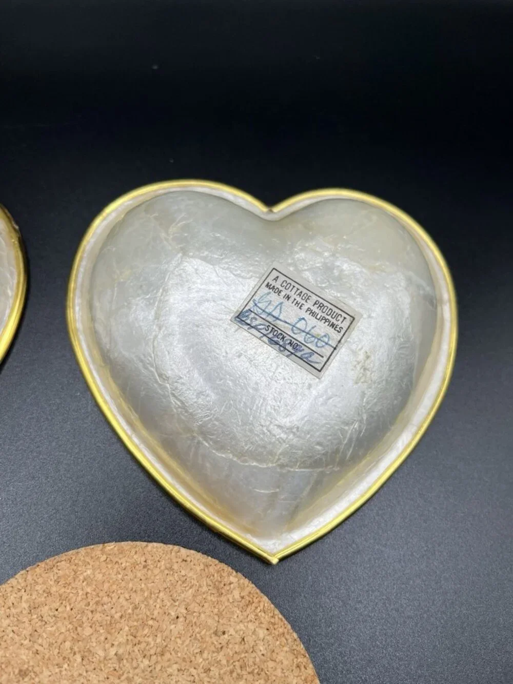 VTG Capiz Shell Heart Trinket Bowls & Plate Set Gold Trim Philippines Cottage